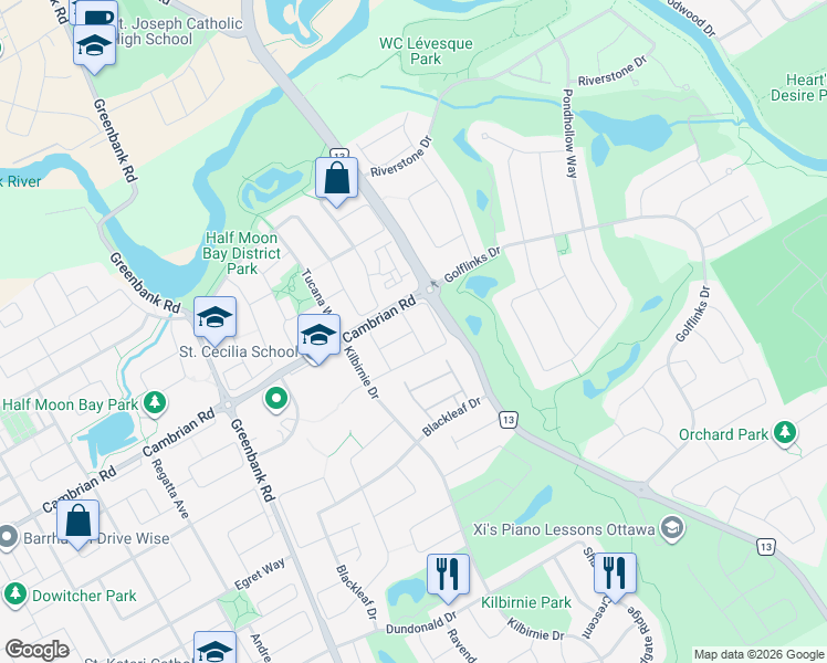 map of restaurants, bars, coffee shops, grocery stores, and more near Ashbourne Crescent in Ottawa
