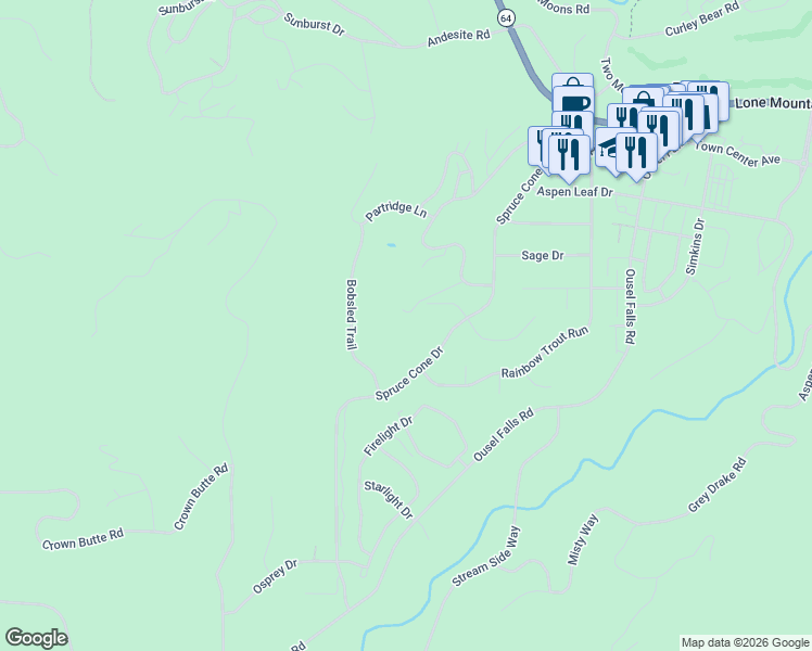 map of restaurants, bars, coffee shops, grocery stores, and more near 469 Spruce Cone Drive in Big Sky