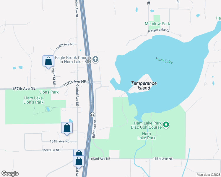 map of restaurants, bars, coffee shops, grocery stores, and more near 1560 157th Avenue Northeast in Ham Lake