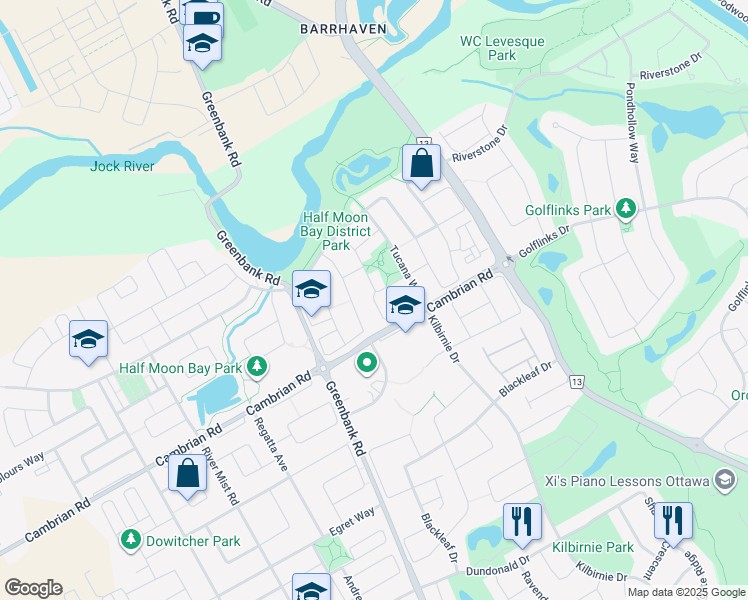 map of restaurants, bars, coffee shops, grocery stores, and more near Caldermill Private in Ottawa