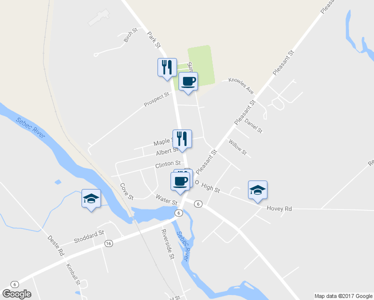 map of restaurants, bars, coffee shops, grocery stores, and more near 25 Park Street in Milo