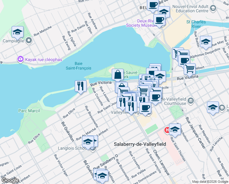 map of restaurants, bars, coffee shops, grocery stores, and more near 35 Rue Ellice in Salaberry-de-Valleyfield