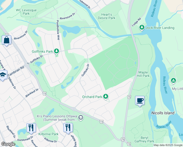 map of restaurants, bars, coffee shops, grocery stores, and more near 214 Castlegarth Crescent in Ottawa