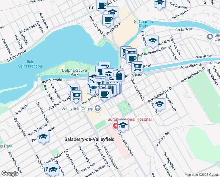 map of restaurants, bars, coffee shops, grocery stores, and more near 23 Rue Nicholson in Salaberry-de-Valleyfield
