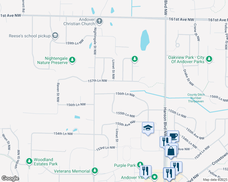 map of restaurants, bars, coffee shops, grocery stores, and more near 1889 156th Ln NW in Andover