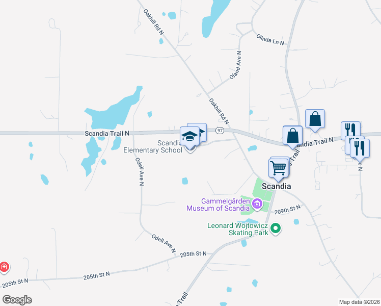 map of restaurants, bars, coffee shops, grocery stores, and more near 14351 Scandia Trail North in Scandia