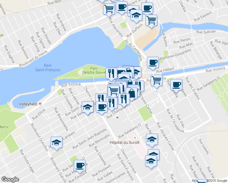 map of restaurants, bars, coffee shops, grocery stores, and more near 110 Rue Sainte Cécile in Salaberry-de-Valleyfield