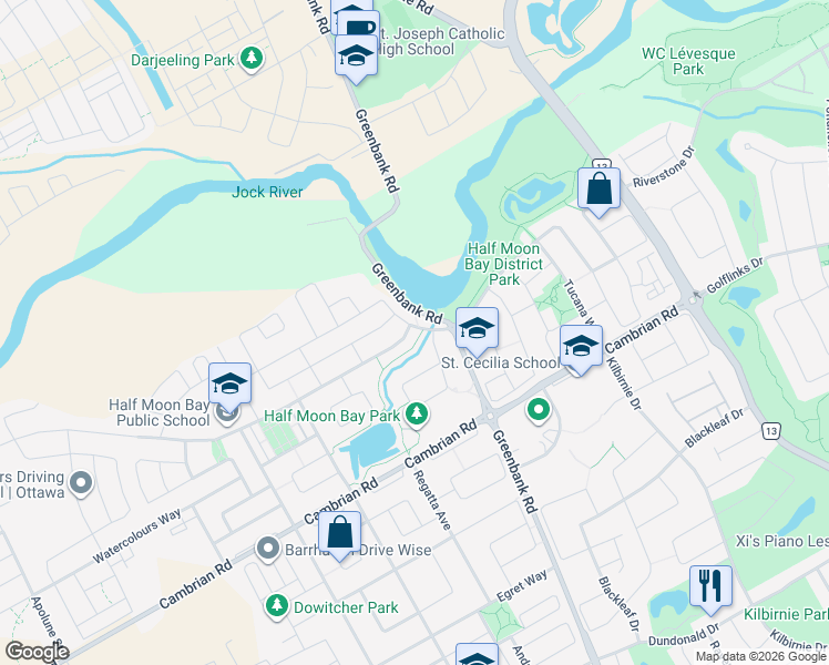 map of restaurants, bars, coffee shops, grocery stores, and more near 3400 River Run Avenue in Ottawa