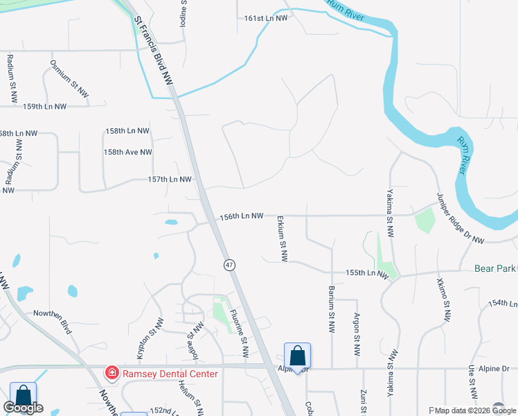 map of restaurants, bars, coffee shops, grocery stores, and more near 5530 156th Lane Northwest in Ramsey