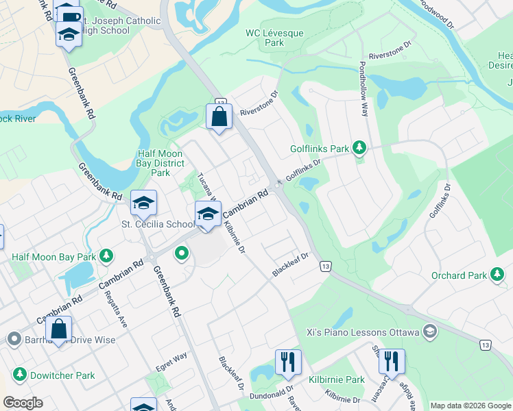 map of restaurants, bars, coffee shops, grocery stores, and more near 546 Ashbourne Crescent in Ottawa
