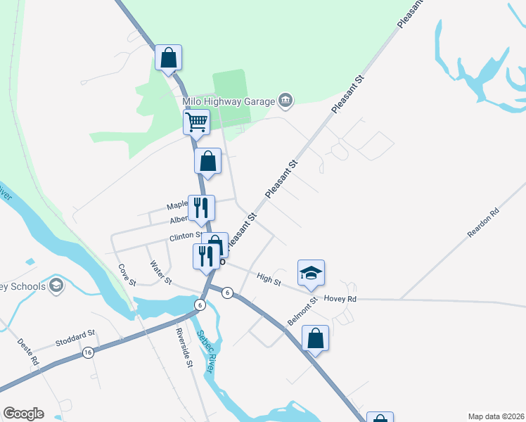 map of restaurants, bars, coffee shops, grocery stores, and more near 17 Pleasant Street in Milo