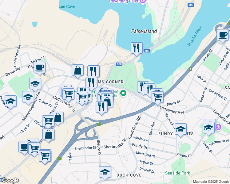 map of restaurants, bars, coffee shops, grocery stores, and more near 228 Lancaster Avenue in Saint John