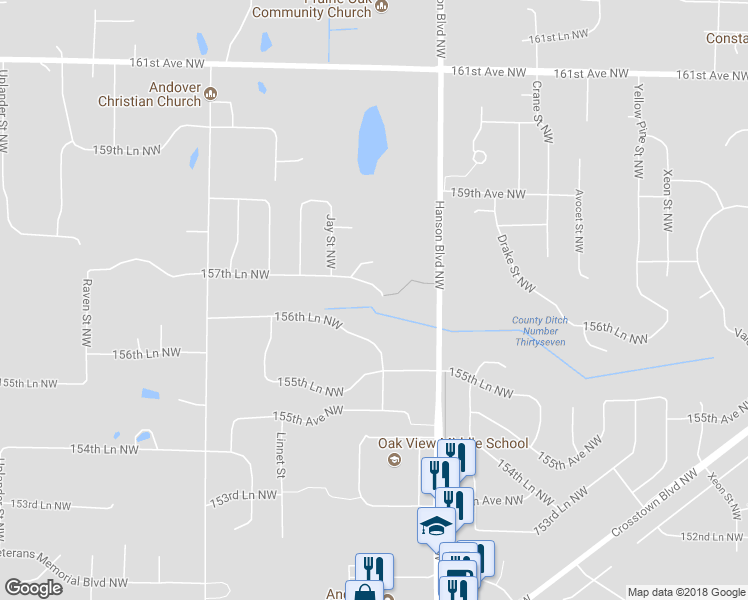 map of restaurants, bars, coffee shops, grocery stores, and more near 1712 157th Lane Northwest in Andover