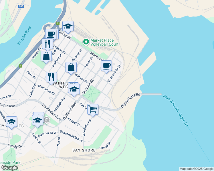 map of restaurants, bars, coffee shops, grocery stores, and more near 198 Saint James Street West in Saint John