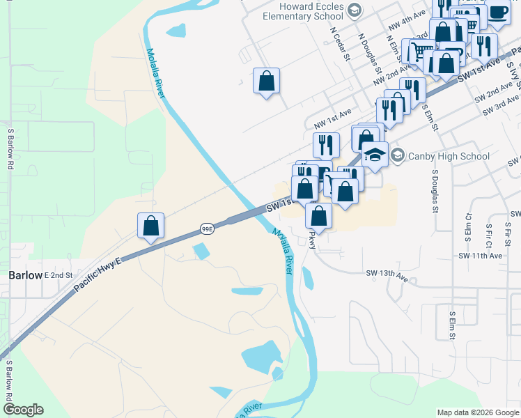 map of restaurants, bars, coffee shops, grocery stores, and more near 1198 Southwest 1st Avenue in Canby