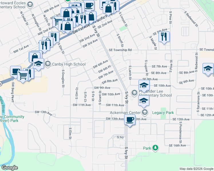map of restaurants, bars, coffee shops, grocery stores, and more near 240 Southwest 10th Avenue in Canby