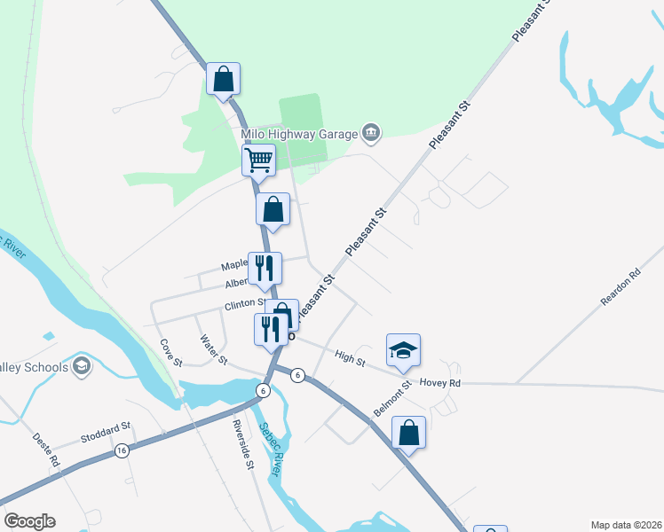 map of restaurants, bars, coffee shops, grocery stores, and more near 17 Pleasant Street in Milo