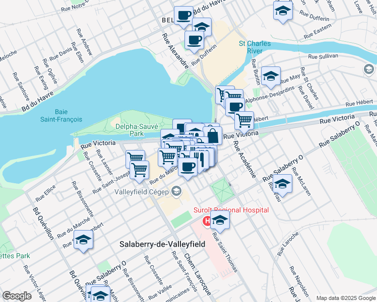 map of restaurants, bars, coffee shops, grocery stores, and more near 23 Rue Nicholson in Salaberry-de-Valleyfield