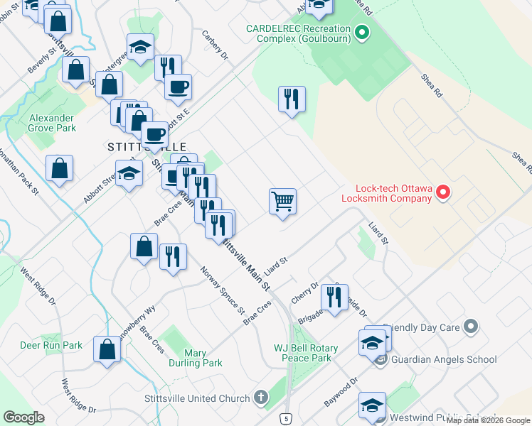 map of restaurants, bars, coffee shops, grocery stores, and more near Carleton Cathcart Street in Ottawa