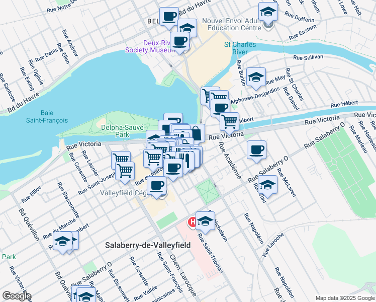map of restaurants, bars, coffee shops, grocery stores, and more near 48A Rue Sainte Cécile in Salaberry-de-Valleyfield