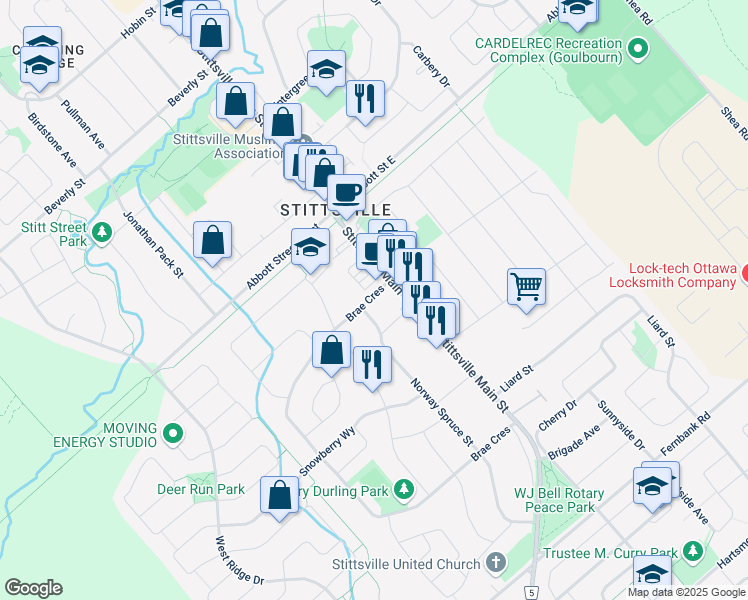map of restaurants, bars, coffee shops, grocery stores, and more near 123 Elm Crescent in Ottawa