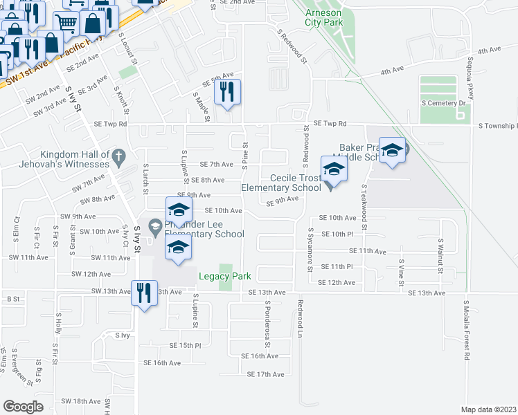 map of restaurants, bars, coffee shops, grocery stores, and more near 1301 Southeast 9th Avenue in Canby