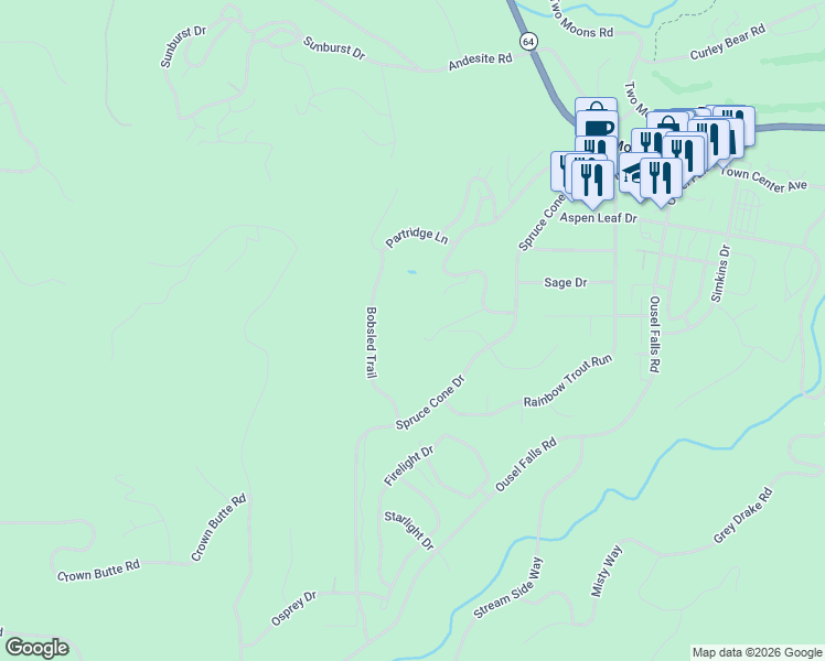 map of restaurants, bars, coffee shops, grocery stores, and more near 10 Ringneck Road in GALLATIN GATEWAY