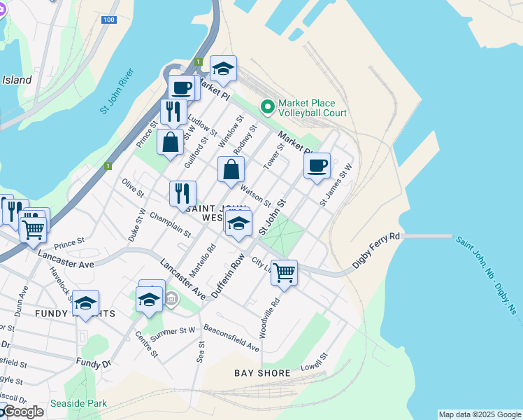 map of restaurants, bars, coffee shops, grocery stores, and more near 222 Saint George Street in Saint John
