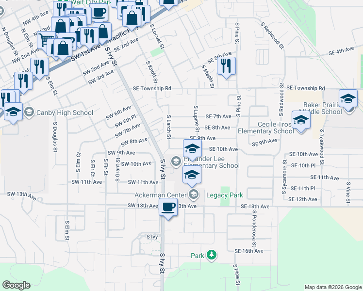 map of restaurants, bars, coffee shops, grocery stores, and more near 266 Southeast 10th Avenue in Canby