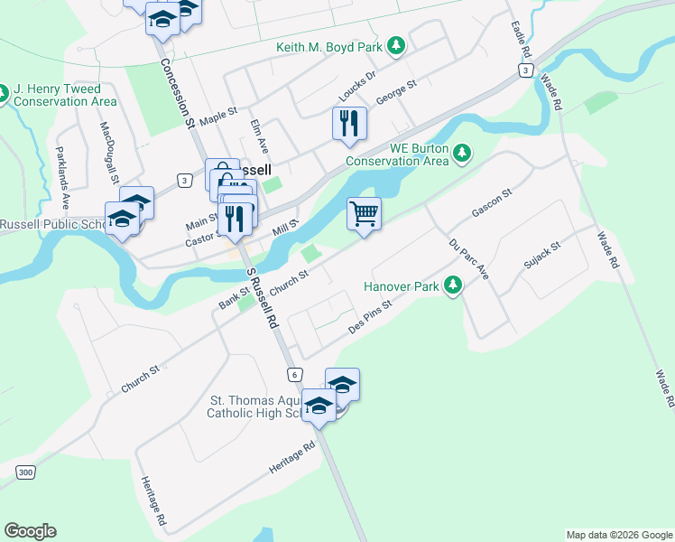 map of restaurants, bars, coffee shops, grocery stores, and more near in Russell