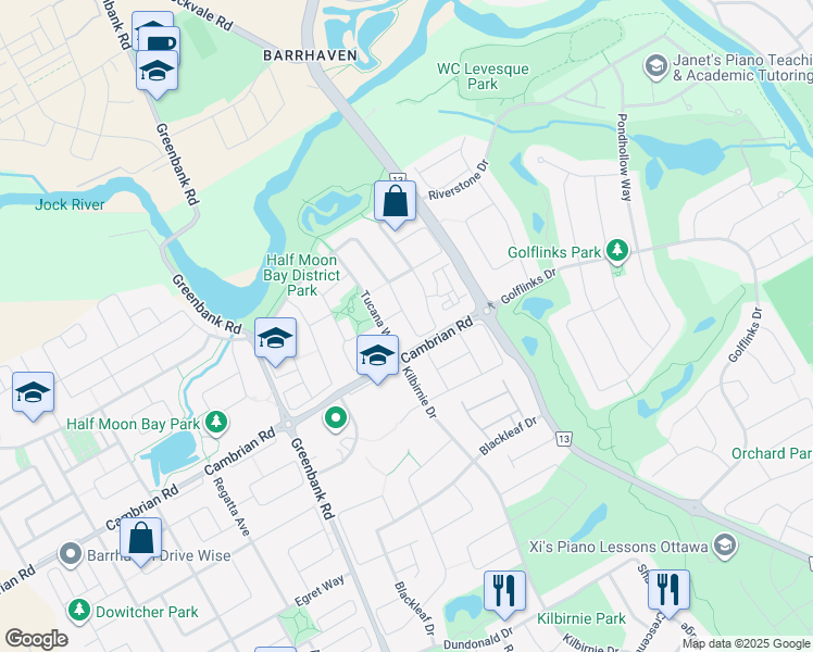 map of restaurants, bars, coffee shops, grocery stores, and more near 110 Urbancrest Private in Ottawa