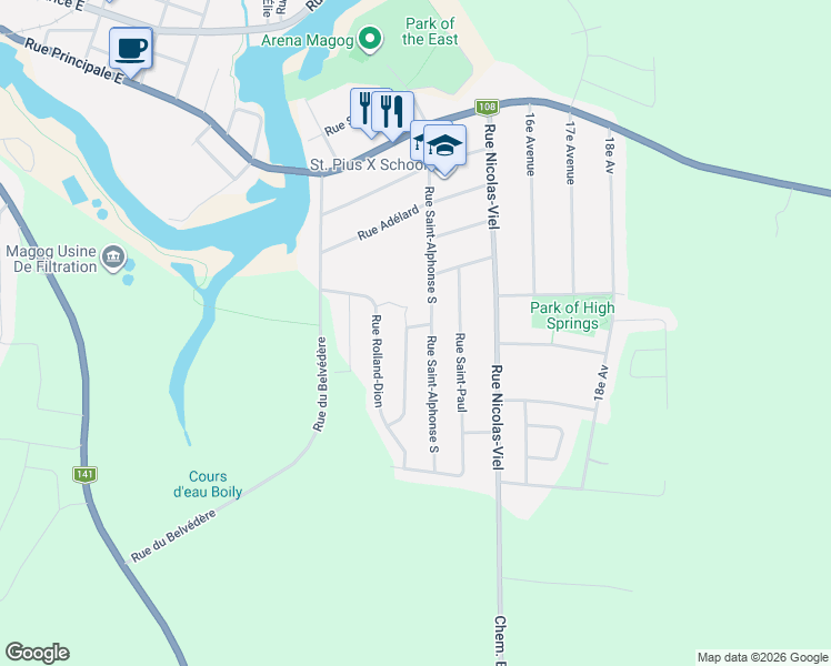 map of restaurants, bars, coffee shops, grocery stores, and more near 637 Rue des Ancêtres in Magog