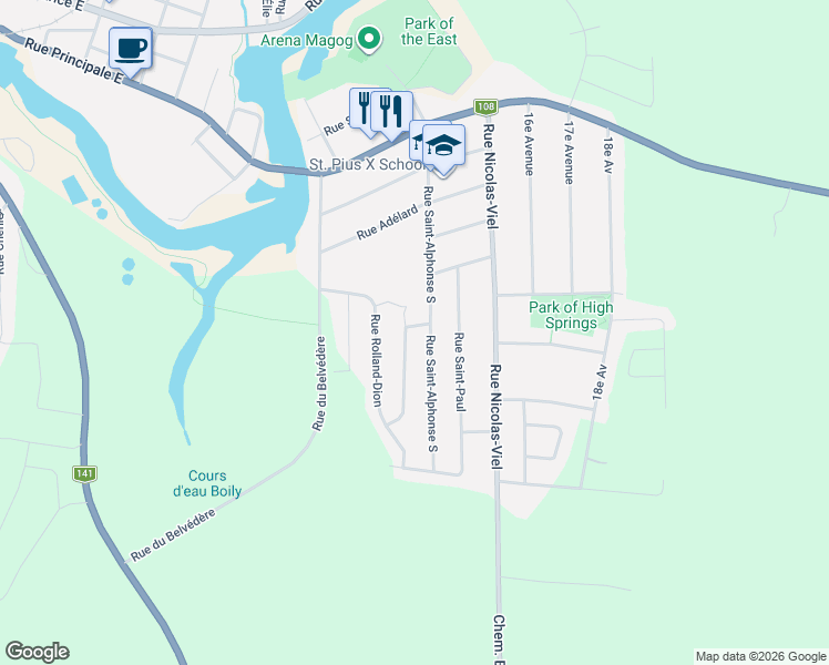 map of restaurants, bars, coffee shops, grocery stores, and more near 637 Rue des Ancêtres in Magog