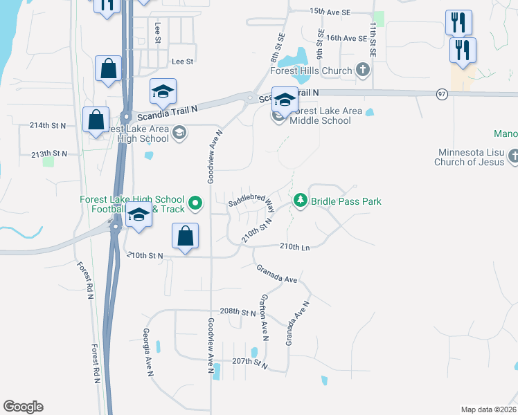 map of restaurants, bars, coffee shops, grocery stores, and more near 6480 Appaloosa Avenue North in Forest Lake