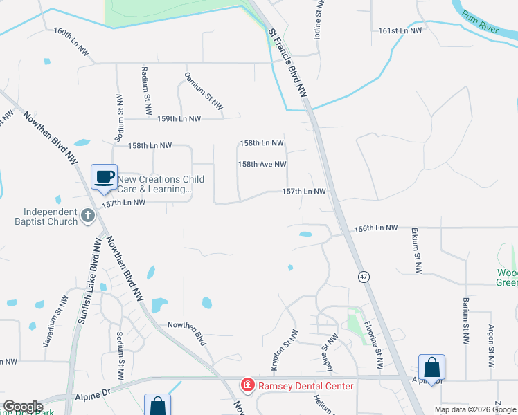 map of restaurants, bars, coffee shops, grocery stores, and more near 5810 157th Lane Northwest in Ramsey