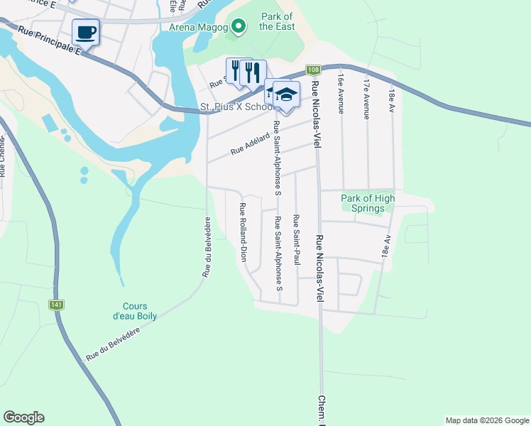 map of restaurants, bars, coffee shops, grocery stores, and more near 637 Rue des Ancêtres in Magog