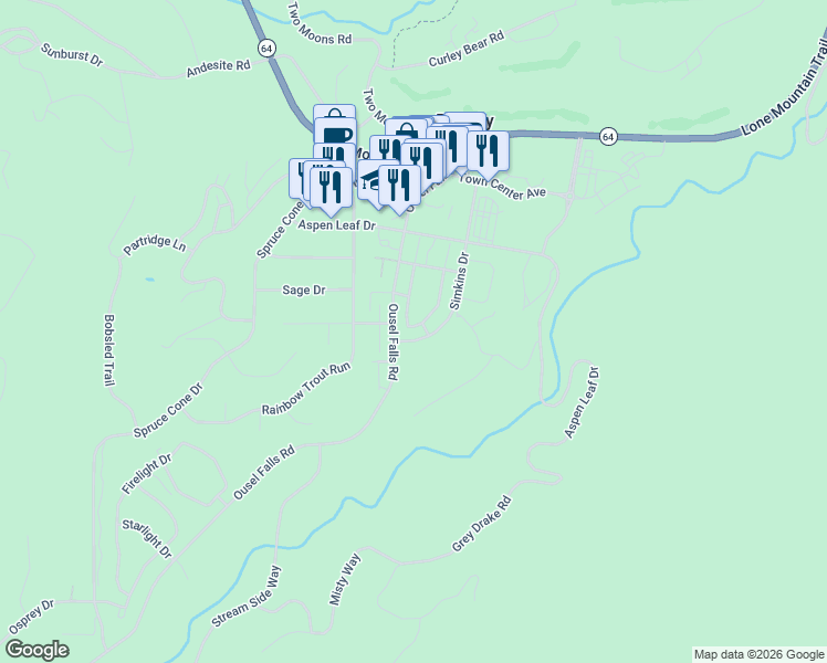 map of restaurants, bars, coffee shops, grocery stores, and more near 299 Ousel Falls Road in Big Sky