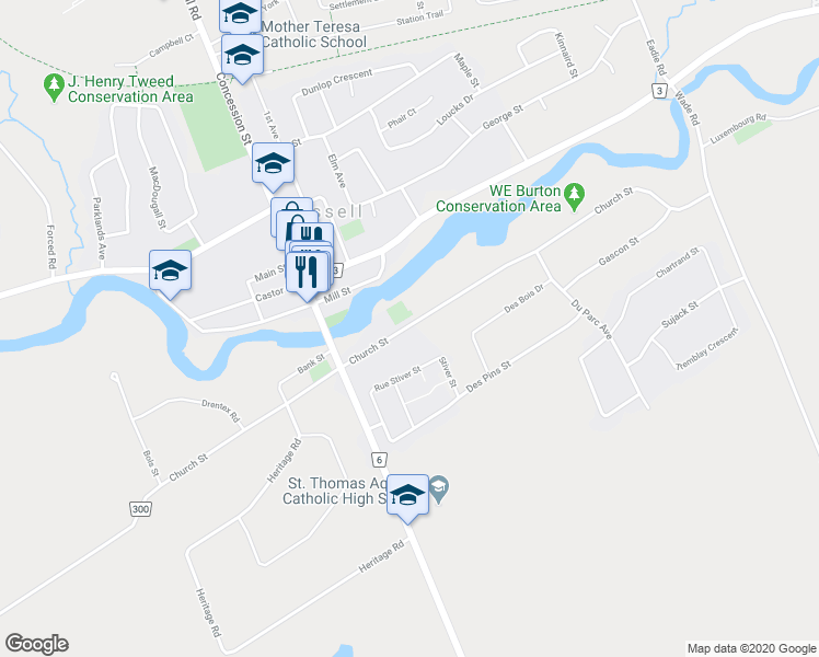 map of restaurants, bars, coffee shops, grocery stores, and more near in Russell