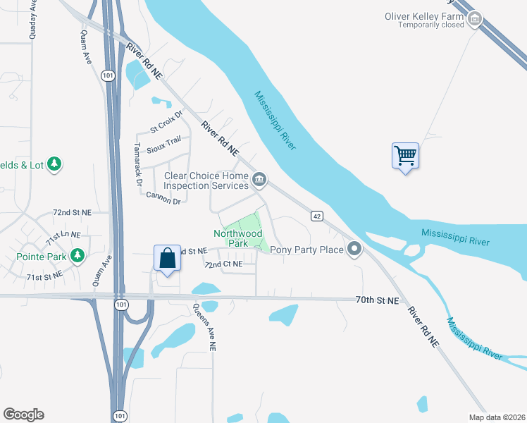 map of restaurants, bars, coffee shops, grocery stores, and more near 7351 Quigley Avenue Northeast in Otsego