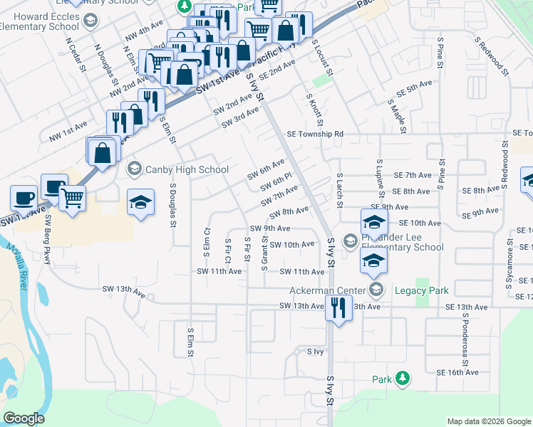 map of restaurants, bars, coffee shops, grocery stores, and more near 255 Southwest 7th Avenue in Canby