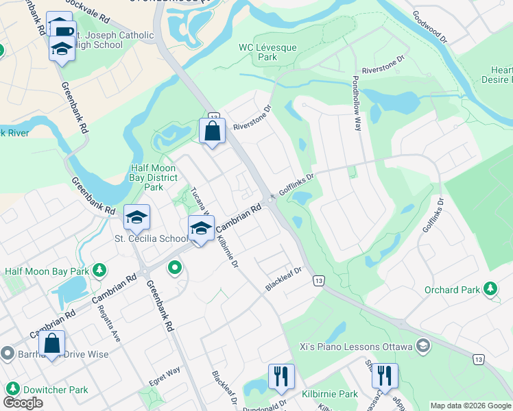 map of restaurants, bars, coffee shops, grocery stores, and more near 3373 Cambrian Road in Ottawa