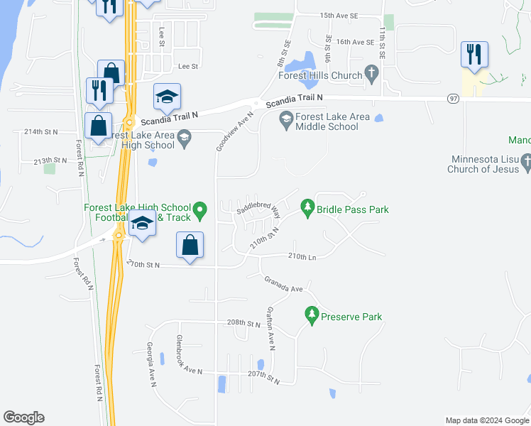 map of restaurants, bars, coffee shops, grocery stores, and more near 6453 Welsh Way in Forest Lake