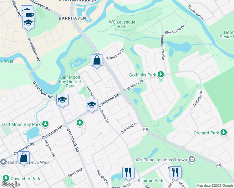 map of restaurants, bars, coffee shops, grocery stores, and more near 3385 Cambrian Road in Ottawa