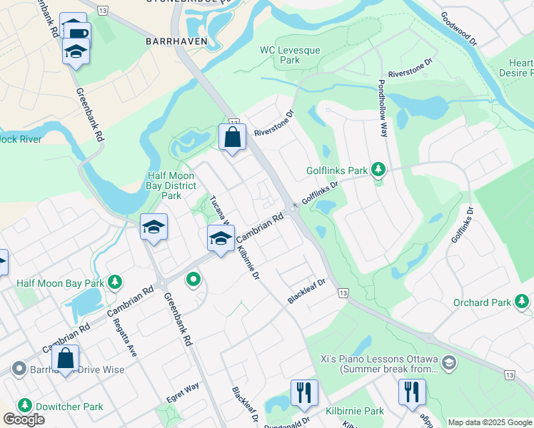 map of restaurants, bars, coffee shops, grocery stores, and more near 3407 Cambrian Road in Ottawa