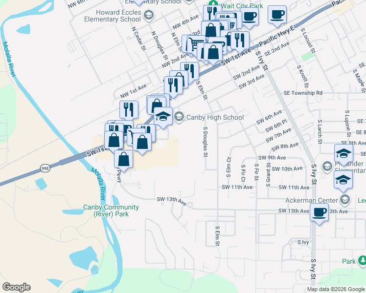 map of restaurants, bars, coffee shops, grocery stores, and more near 801-899 Southwest 5th Avenue in Canby
