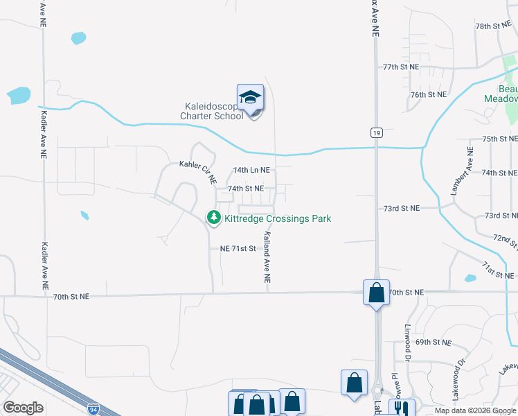 map of restaurants, bars, coffee shops, grocery stores, and more near 7369 Kalland Circle Northeast in Otsego