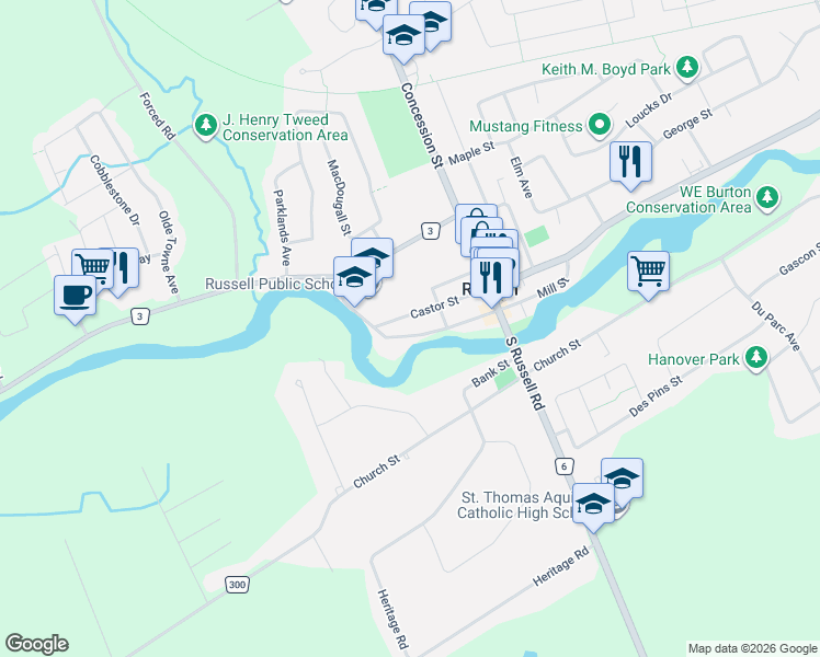 map of restaurants, bars, coffee shops, grocery stores, and more near 44 Mill Street in Russell