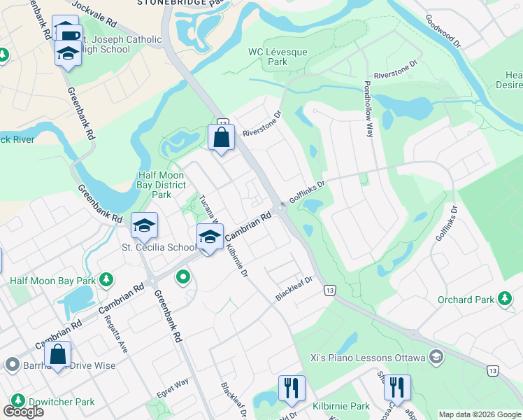 map of restaurants, bars, coffee shops, grocery stores, and more near 3385 Cambrian Road in Ottawa