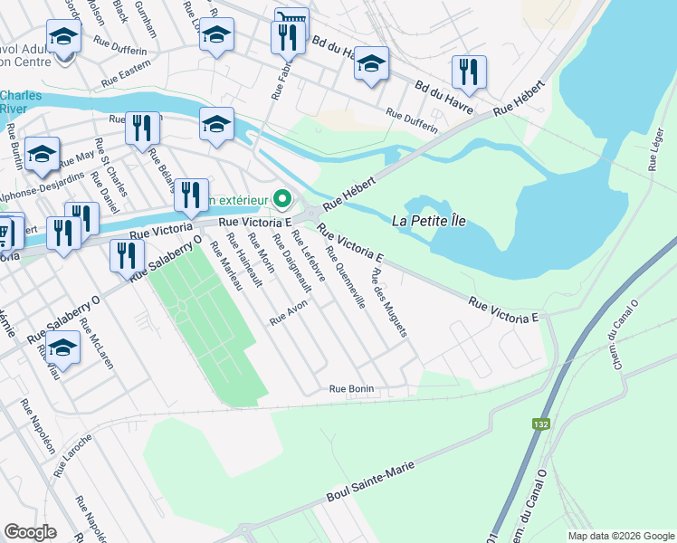 map of restaurants, bars, coffee shops, grocery stores, and more near 34 Rue Quenneville in Salaberry-de-Valleyfield