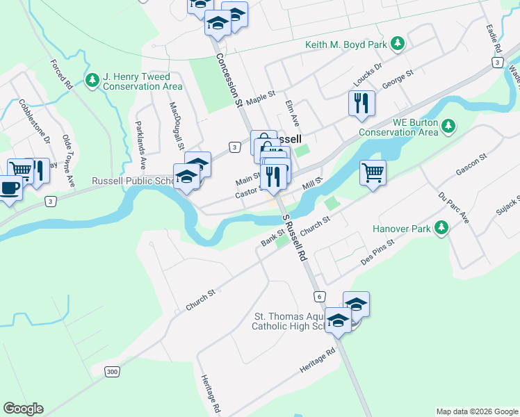 map of restaurants, bars, coffee shops, grocery stores, and more near 73 Mill Street in Russell